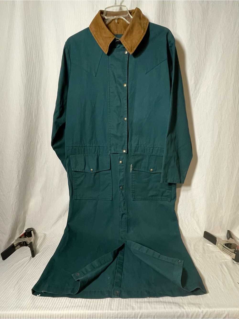 Teal Longline Trench Coat/Duster with Corduroy Collar